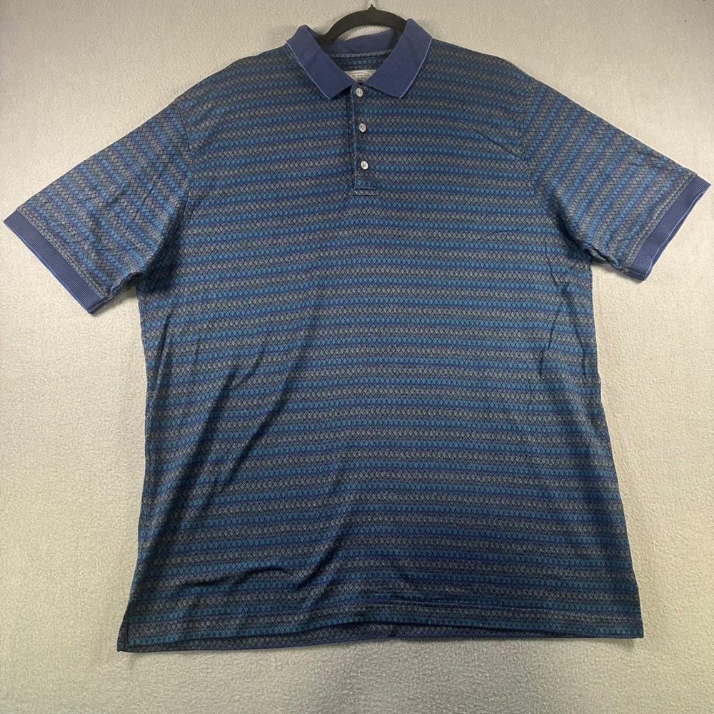 Talbots Mens Blue Geometric Diamond Stripe Mercerized Cotton Polo Shirt Large